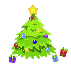 Christmas tree decorated.Gift colorful boxes under the tree on a white background. Vector illustration