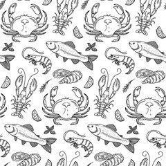 Hand drawn seafood seamless pattern. Decorative doodle background of squid, salmon, scallops, lobster, crab, shellfish and mussels