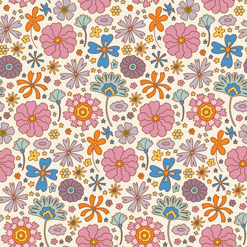 Groovy retro boho flower seamless pattern, vintage 70s digital paper. Hand drawn flower background for fabric, textile, stationery, wallpaper