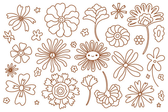 Doodle groovy vector flower set. Hand drawn line floral collection illustrations isolated on white