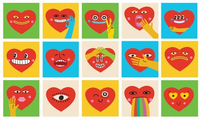 Retro love crazy and smeared heart smiley face. Hippie groovy smile character vector set. Valentine day concept. Vector illustration