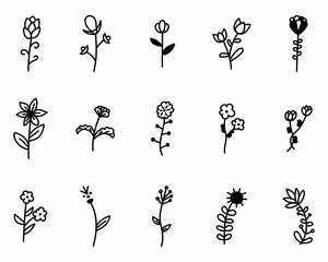 Set of doodle flowers with leaves decorative elements. Floral, botanical vector illustration design, isolated hand drawn black elements.