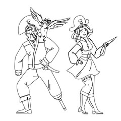 Naklejka na ściany i meble Man And Woman Pirate Standing Together Vector. Bearded Guy With Parrot Bird On Shoulder And Woman With Weapon Gun Wearing Pirate Hat And Costume. Characters black line illustration