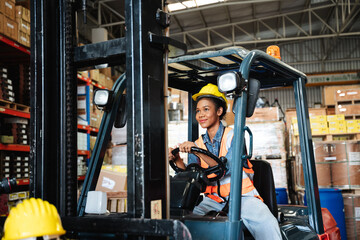 Portrait of a female worker with a forklift in the warehouse., Industrial and industrial concept.