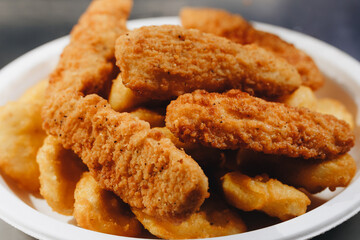 Close up of chicken nuggets in basket with parchment paper and chili tomato sauce on wooden background.