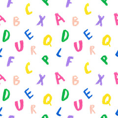 Seamless pattern for the day of knowledge in wax crayons on white isolated background.Holiday print,for the first school year hand drawn in doodle style with oil pastels.Design for wrapping paper.