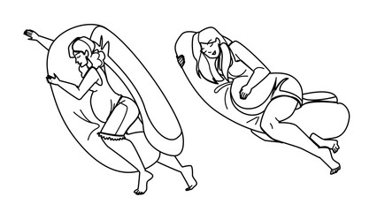 pregnancy pillow vector. pregnant body sleep woman, maternity bed, mother insomnia pregnancy pillow character. people black line pencil drawing vector illustration
