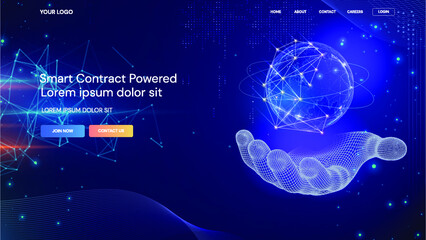 Technology smart contract Landing page, point and line composed world map, representing the global, Global network connection, World Technology