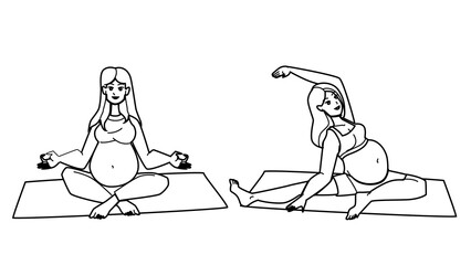 pregnant woman yoga vector. pregnancy exercise, prenatal sport, mother and baby, home fitness, health pilates maternity pregnant woman yoga. people black line pencil drawing vector illustration