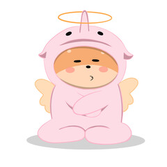 Shiba Inu stands dissatisfied in a pink suit with an angel halo on his head