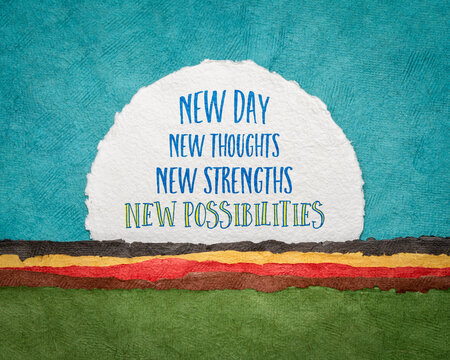 New Day, Thoughts, Strengths And Possibilities - Inspirational Handwriting On A Circular Sheet Of Watercolor Paper Against Abstract Landscape With Rising Sun, Positivity Concept