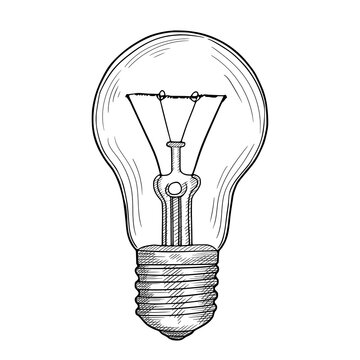 Hand-drawn sketch of an incandescent light bulb. Light bulb vector drawing isolated on white background.