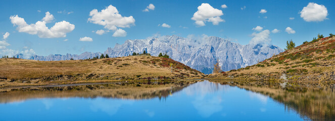Autumn alpine Kleiner Paarsee or Paarseen lake, Land Salzburg, Austria. Alps Hochkonig rocky...