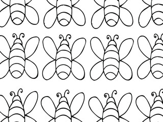 A pattern of bees drawn with a black marker on white paper. Background of bees with wings and antennae. Backdrop from insects. Vector seamless bees illustration.