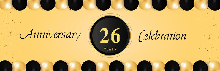 26 years anniversary celebration with gold and black balloon borders isolated on yellow background. Premium design for happy birthday, marriage, greetings card, celebration events, graduation.