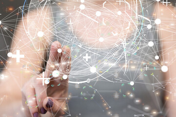 abstract lines with dots over dark background.