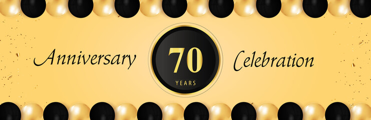 70 years anniversary celebration with gold and black balloon borders isolated on yellow background. Premium design for happy birthday, marriage, greetings card, celebration events, graduation.