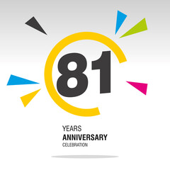 81 Years Anniversary, number in broken circle with colorful bang of confetti, logo, icon, white background