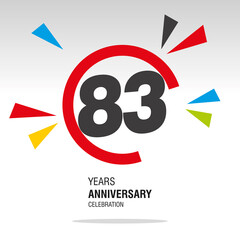 83 Years Anniversary, number in broken circle with colorful bang of confetti, logo, icon, white background