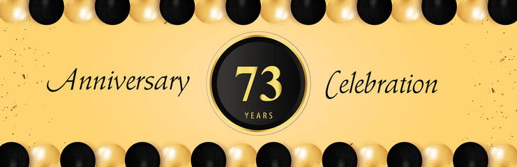 73 years anniversary celebration with gold and black balloon borders isolated on yellow background. Premium design for happy birthday, marriage, greetings card, celebration events, graduation.