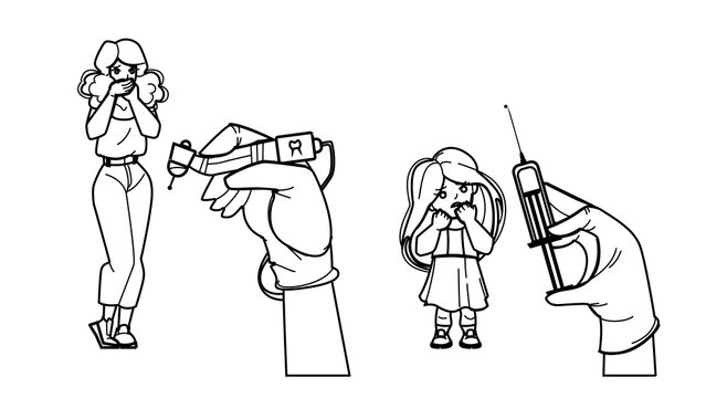scared patient vector. woman kid girl afraid dentist syringe, hospital fear, dental scare scared patient character. people black line pencil drawing vector illustration