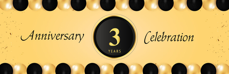 3 years anniversary celebration with gold and black balloon borders isolated on yellow background. Premium design for happy birthday, marriage, greetings card, celebration events, graduation.
