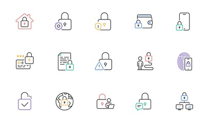 Locks line icons. Fingerprint protection, Unlock code and Credit card password icons. Open padlock, Locked document and Network lock. Online wallet, Fingerprint access and info protection. Vector