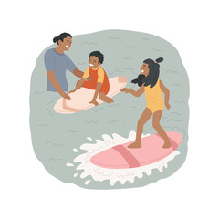 Fototapeta premium Surfing isolated cartoon vector illustration. Holiday resort activity, family surfing class, children standing up on a surfboard, beach sport, kid catching wave, ocean adventure vector cartoon.