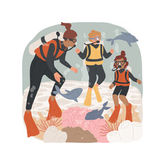 Diving isolated cartoon vector illustration. Scuba diving class for family, wearing equipment, swimming under water together, watching coral and fish, holiday seaside activity vector cartoon.
