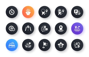 Minimal set of Journey, Parking time and Lighthouse flat icons for web development. Location, Wholesale goods, Ship icons. Travel compass, Flag, Road web elements. Honeymoon travel. Vector