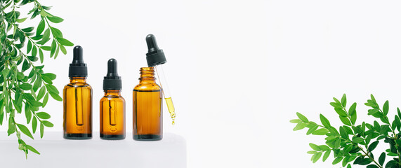 Natural medicine or aroma oil or beauty essence concept mockup three vials with dropper with droplet on glass stand with green plant and white background. Face and body spa serum care concept banner