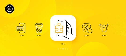 Fototapeta na wymiar Discount button, Online shopping and Swipe up minimal line icons. Yellow abstract background. Ice tea, Puzzle game icons. For web, application, printing. Vector