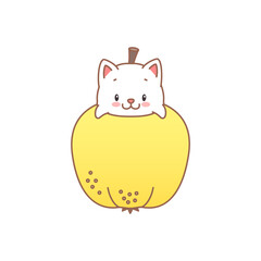 Cat with quince. Kawaii illustration of a little white kitten sitting in a quince isolated on a white background. Vector 10 EPS.

