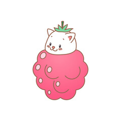 Cat with raspberry. Kawaii illustration of a little white kitten sitting in a raspberry isolated on a white background. Vector 10 EPS.