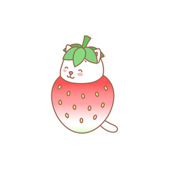 Cat with strawberry. Kawaii illustration of a little white kitten sitting in a pink strawberry isolated on a white background. Vector 10 EPS.