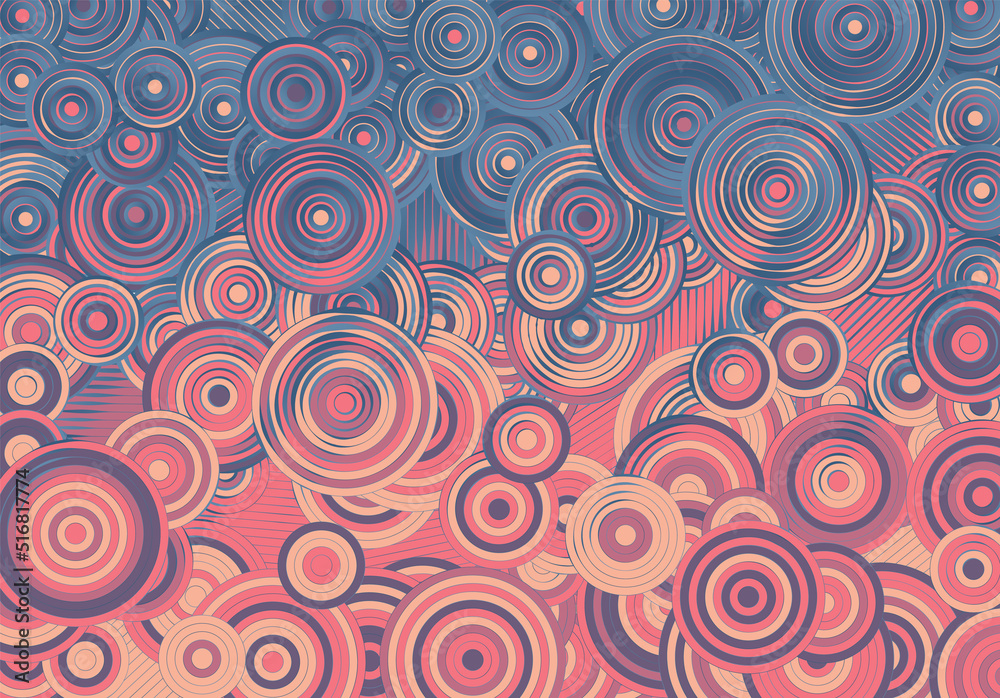 Poster Abstract psychedelic background with circles and lines of various widths in retro optical illusion style.