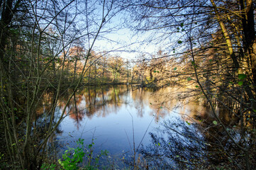 Fototapeta premium Autumn lake panorama.