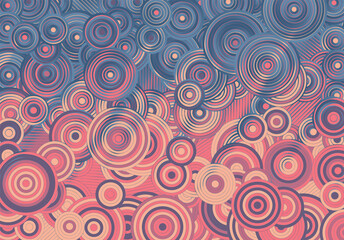 Abstract psychedelic background with circles and lines of various widths in retro optical illusion style.