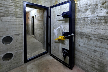 armored door of a public nuclear fallout shelter in an apartment building in Switzerland - obrazy, fototapety, plakaty