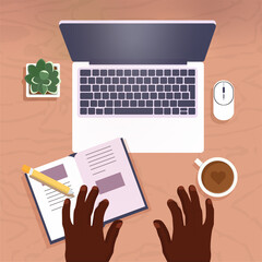 hand laptop, cup of coffee and notepad