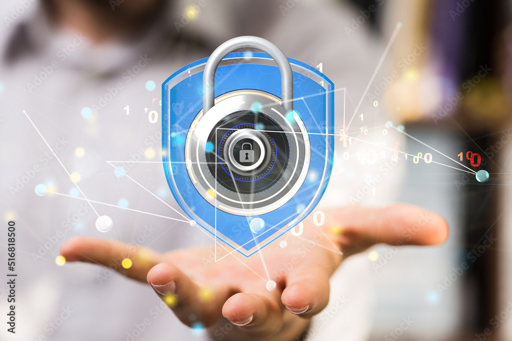 Aufkleber secure lock - padlock holding in hand access concept 3d