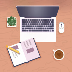 laptop, cup of coffee, notepad and pen