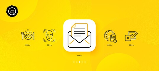 Fototapeta na wymiar Online voting, Checkbox and Mail correspondence minimal line icons. Yellow abstract background. Romantic dinner, Face detection icons. For web, application, printing. Vector