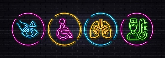 Dont touch, Lungs and Disability minimal line icons. Neon laser 3d lights. Thermometer icons. For web, application, printing. Clean hand, Respiratory pneumonia, Wheelchair user. Vector