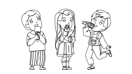 Boy And Girl Children Singing Song Together Vector. Schoolboy And Schoolgirl Kids Singing On Festival Party In Microphone. Happiness Characters Enjoyment And Relaxation black line illustration