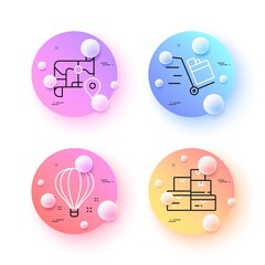 Wholesale goods, Air balloon and Push cart minimal line icons. 3d spheres or balls buttons. Map icons. For web, application, printing. Warehouse inventory, Sky travelling, Express delivery. Vector
