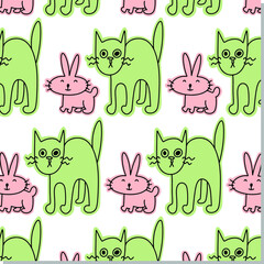 Cat and rabbit vector doodle pattern