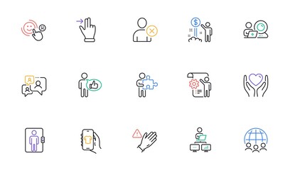 Delete user, Customer satisfaction and Work home line icons for website, printing. Collection of Touchscreen gesture, Use gloves, Like icons. Elevator, Video conference. Vector
