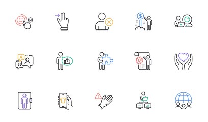 Delete user, Customer satisfaction and Work home line icons for website, printing. Collection of Touchscreen gesture, Use gloves, Like icons. Elevator, Video conference. Vector