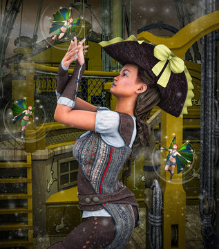 giovane donna pirata incontra  tre fate magiche a bordo di un antico vascello